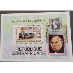 SO) 1979 CENTRAL AFRICAN REPUBLIC, ROWLAND HILL, TRAIN, ONE PENNY, SOUVENIR SHEET, MNH