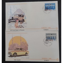 SO) 1984 TURKEY, EUROPE, VINTAGE CARS, FORD, SERIES OF 2, FDC