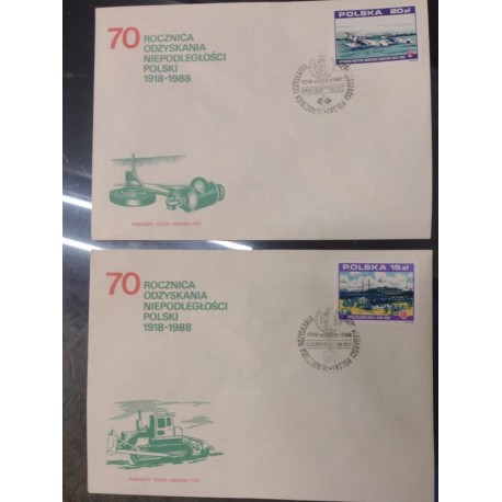 SO) 1988 POLAND, ANNIVERSARY OF THE RECOVERY OF THE INDEPENDENCE OF POLAND 1918-1988, MILITARY, AIRPLANE, SERIES OF 2. FDC