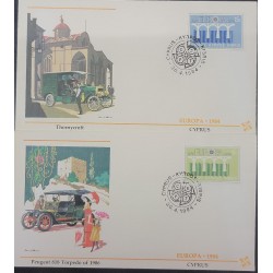SO) 1984 CYPRUS, EUROPE, CEPT, VINTAGE CARS, CASTLES, SERIES OF 2 FDC