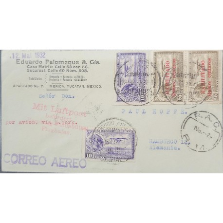SO) 1932 MEXICO, PLANE FLYING OVER, ENABLED, AIR MAIL, VIA NEW YORK, DESTINED TO GERMANY