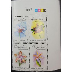 SO) URUGUAY, ORCHIDS, NATURE FLOWERS, WITH CONTROL NUMBER 005, AND LEAF EDGE, MNH