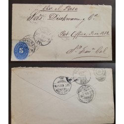 SO) LETTER FROM MEXICO, NUMERAL, 5C IN BLUE, VIA EL PASO, COLIMA, CIRCULATED TO SAN FRANCISCO