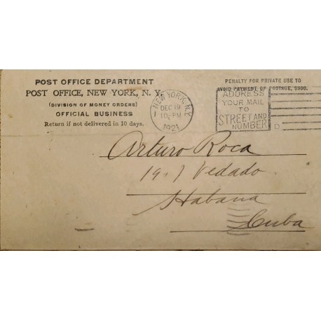 J) 1921 UNITED STATES, OPST OFFICE DEPARTMENT NEW YORK, POSTCARD, CIRCULATED COVER