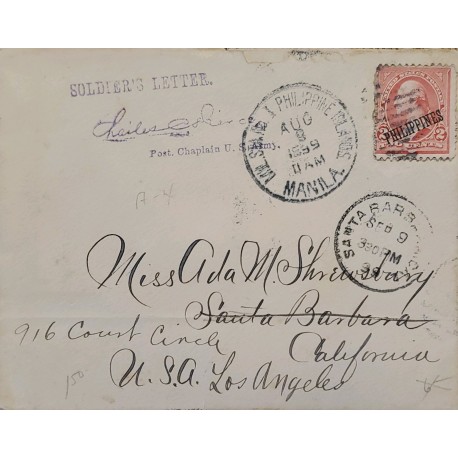 J) 1899 UNITED STATES, JEFFERSON, WITH OVERPRINT IN BLACK PHILLIPPINNES, SOLDIER LETTER US OCCUPATTION
