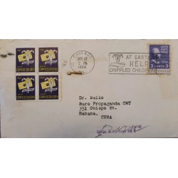 J) 1954 UNITED STATES, THOMAS JEFFERSON, CRIPPLED CHILDREN, BLOCK OF 4, MULTIPLE STAMPS, WITH SLOGAN