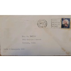 J) 1954 UNITED STATES, GOD WE TRUST STATUTE OF LIBERTY, WITH SLOGAN CANCELLATION, AIRMAIL, CIRCULATED COVER, FROM USA TO CARIBE