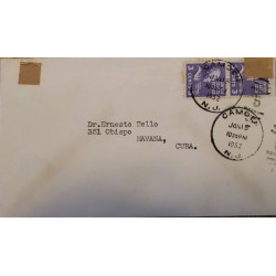 J) 1952 UNITED STATES, JEFFERSON, VERTICAL PAIR, MULTIPLE STAMPS, AIRMAIL, CIRCULATED COVER, FROM USA TO CARIBE