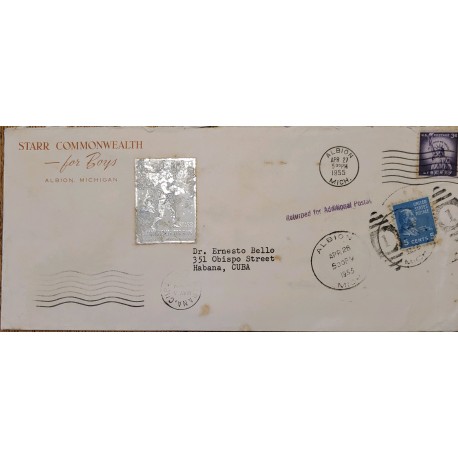 J) 1955 UNITED STATES, WASHINTON, LIBERTY, MULTIPLE STAMPS, AIRMAIL, CIRCULATED COVER, FROM MICHIGAN TO CARIBE