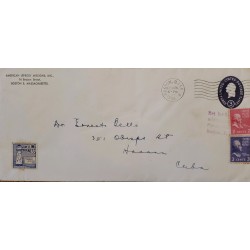 J) 1954 UNITED STATES, JOHN ADAMS, JEFFERSON, MULTIPLE STAMPS, AIRMAIL, CIRCULATED COVER, FROM MASSACHUSSETS TO CARIBE
