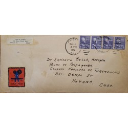 J) 1954 UNITED STATES, JEFFERSON, STRIP OF 4, MULTIPLE STAMPS, AIRMAIL, CIRCULATED COVER, FROM NEW CHICAGO TO CARIBE