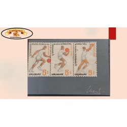 O) 1967 URUGUAY, ARTWORK, BASKETBALL PLAYERS IN ACTION, 5th WORLD BASKETBALL CHAMPIONSHIPS, DIMENSION 4.5 x 5.5 inches, XF