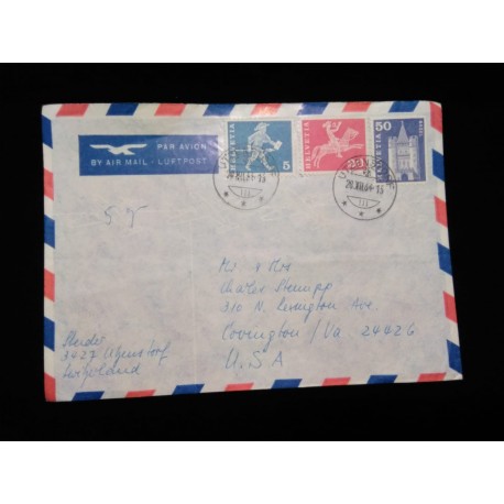 J) 1964 SWITZERLAND, CASTLE, HORSE, MULTIPLE STAMPS, AIRMAIL, CIRCULATED COVER, FROM SWITZERLAND TO USA