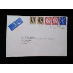 J) 1952 ENGLAND, MULTIPLE STAMPS, QUEEN ELIZABETH II, AIRMAIL, CIRCULATED COVER, FROM ENGLAND TO VIRGINIA