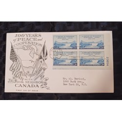 J) 1948 CANADA, 100 YEARS OF PEACE AND COOPERATION WITH OUR NEIGHBOR CANADA, BLOCK OF 4, MAPS BRIDGE, FLAGS, MNH