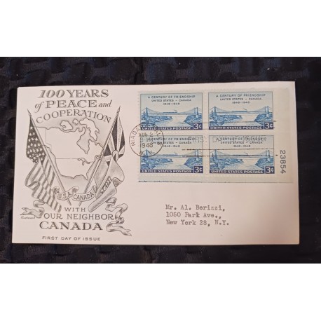 J) 1948 CANADA, 100 YEARS OF PEACE AND COOPERATION WITH OUR NEIGHBOR CANADA, BLOCK OF 4, MAPS BRIDGE, FLAGS, MNH