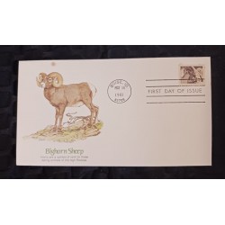 J) 1981 UNITED STATES, BIGHORN SHEEP, HORNS ARE A SYMBOL OF RANK FOR THESE DARING ANIMALS OF THE HIGH ROCKIES, FDC