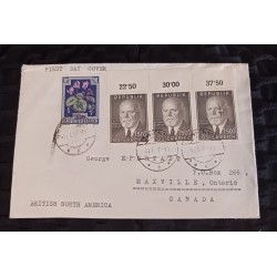 J) 1958 AUSTRIA, THEODOR KORNER, STRIP OF 3, FLOWERS, MULTIPLE STAMPS, AIRMAIL, CIRCULATED COVER, FROM AUSTRIA TO CANADA
