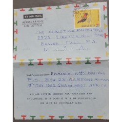 J) 1962 GHANA, BIRD, AEROGRAMME, AIRMAIL, CIRCULATED COVER, FROM MAMPONG ASHANTI TO USA