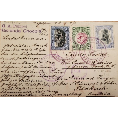 J) 1907 GUATEMALA, INDEPENDENCE, QUETZAL, REFORMA PALACE, POSTCARD, MULTIPLE STAMPS, CIRCULATED COVER
