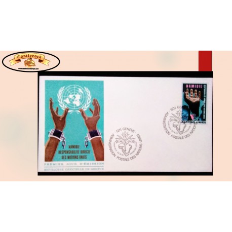O) 1975 UNITED NATIONS NEW YROK, HAND REACHING UP OVER MAP OF AFRICA AND NAMIBIA, FDC XF