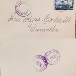 J) 1941 COSTA RICA, AIRPLANE OVER MOUNTAINS, WITH OVERPRINT IN BLACK, AIRMAIL, CIRCULATED COVER, FROM COSTA RICA