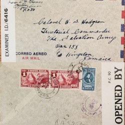 J) 1943 COSTA RICA, ANGEL, MANUEL AGUILAR, MULTIPLE STAMPS, OPEN BY EXAMINER, AIRMAIL, CIRCULATED COVER
