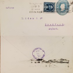 J) 1913 COSTA RICA, COLON, POSTAL STATIONARY, WITH SLOGAN CANCELLATION, AIRMAIL, CIRCULATED COVER, FROM COSTA RICA TO BRADFORD