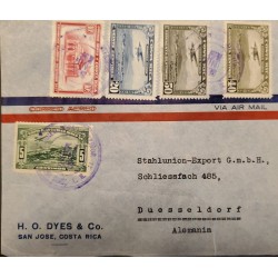 J) 1938 COSTA RICA, AIRPLANE OVER CITY, MULTIPLE STAMPS, AIRMAIL, CIRCULATED COVER, FROM COSTA RICA TO GERMANY