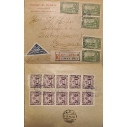 J) 1934 COSTA RICA, MONUMENT, MULTIPLE STAMPS, REGISTERED, AIRMAIL, CIRCULATED COVER, FROM COSTA RICA TO GERMANY