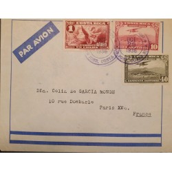 J) 1936 COSTA RICA, AIRPLANE OVER CITY, ANGEL, MULTIPLE STAMPS, AIRMAIL, CIRCULATED COVER, FROM COSTA RICA TO FRANCE