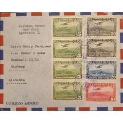 J) 1936 COSTA RICA, AIRPLANE OVER CITY, MULTIPLE STAMPS, AIRMAIL, CIRCULATED COVER, FROM COSTA RICA TO GERMANY