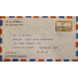 J) 1940 COSTA RICA, AIRPLANE OVER CITY, AIRMAIL, CIRCULATED COVER, FROM COSTA RICA TO USA