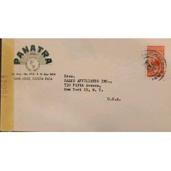 J) 1945 COSTA RICA, FRANCISCO MORAZAN, OPEN BY EXAMINER, AIRMAIL, CIRCULATED COVER, FROM COSTA RICA TO NEW YORK