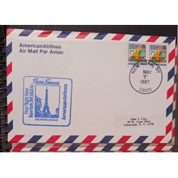 J) 1987 UNITED STATES, GREETINGS, FIRST FLIGHT FROM NEW YORK TO PARIS, FRANCE, AIRMAIL, CIRCULATED COVER