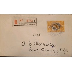 J) 1923 COSTA RICA, WITH OVERPRINT IN BLACK, 30 CENTS, REGISTERED, AIRMAIL, CIRCULATED COVER, FROM COSTA RICA TO NEW YORK