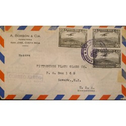 J) 1936 COSTA RICA, AIRPLANE OVER CITY, MULTIPLE STAMPS, AIRMAIL, CIRCULATED COVER, FROM COSTA RICA TO NEW JERSEY