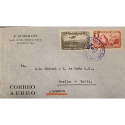 J) 1936 COSTA RICA, ANGEL, AIRPLANE OVER CITY, MULTIPLE STAMPS, AIRMAIL, CIRCULATED COVER, FROM COSTA RICA TO GERMANY