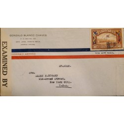 J) 1942 COSTA RICA, FLAGS, OPEN BY EXAMINER, AIRMAIL, CIRCULATED COVER, FROM COSTA RICA TO NEW YORK