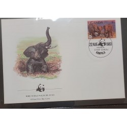 O) 1983 UGANDA, WORLD WILDLIFE FUND STAMP, WWF, THREE ADULTS WITH ELEPHANT BONES,  THE AFRICAN ELEPHANT,  MAXIMUM CARD, XF