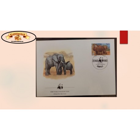 O) 1983 UGANDA, WORLD WILDLIFE FUND STAMP, WWF, ADULTS WITH CALF,  THE AFRICAN ELEPHANT,  MAXIMUM CARD, XF