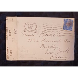 J) 1942 GREAT BRITAIN, QUEEN CARLOS, OPEN BY EXAMINER, AIRMAIL, CIRCULATED COVER, FROM GREAT BRITAIN TO NEW YORK