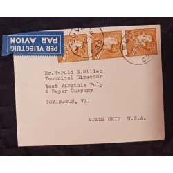 J) 1956 BELGIUM, STRIP OF 3, AIRMAIL, CIRCULATED COVER, FROM BELGIUM TO USA