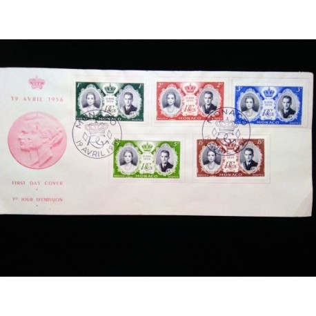 M)1956, F D C, MONACO, SPECIAL STAMP COMMEMORATING THE WEDDING OF PRINCE RAINIER III TO ACTRESS GRACE KELLY, WITH CANCELLATION.