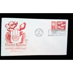 M) 1964, FDC, UNITED NATIONS NEW YORK, INTERNATIONAL EFFORTS IN NARCOTICS CONTROL, WITH CANCELLATION.