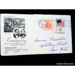M) 1960, FDC, UNITED STATES NEW YORK, COMMEMORATION OF THE DEBATE BETWEEN LINCOLN AND DOUGLAS, MAHADMA GANDHI STAMP.