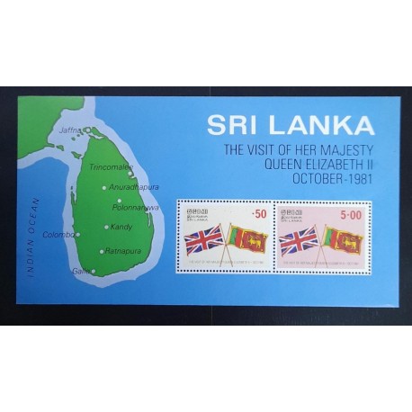 SJ) 1981 SRI LANKA, THE VISIT OF HER MAJESTY QUEEN ISABEL II OCTOBER-1981, FLAGS, MAP, SOUVENIR SHEET, XF
