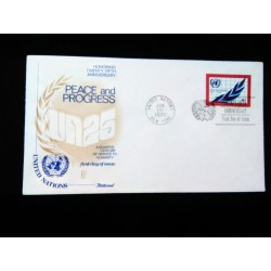 M)1970, F D C, UNITED NATIONS, A QUARTER OF A CENTURY AT THE SERVICE OF HUMANITY, TO USA, WITH CANCELLATION.