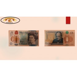 O) 2015 ENGLAND, BANKNOTE, 5 POUNDS STERLING, GBP, POLYMER, QUEEN ISABEL II, WINSTIN CHURCHILL, NOBEL LAUREATE FOR LITERATURE