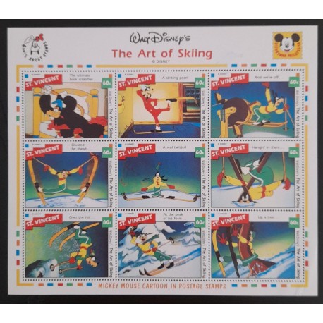 SO) 1992 ST VINCENT, FROM WALT DISNEY THE ART OF SKIING, MICKEY MOUSE CARTOON ON POSTAGE STAMPS MNH